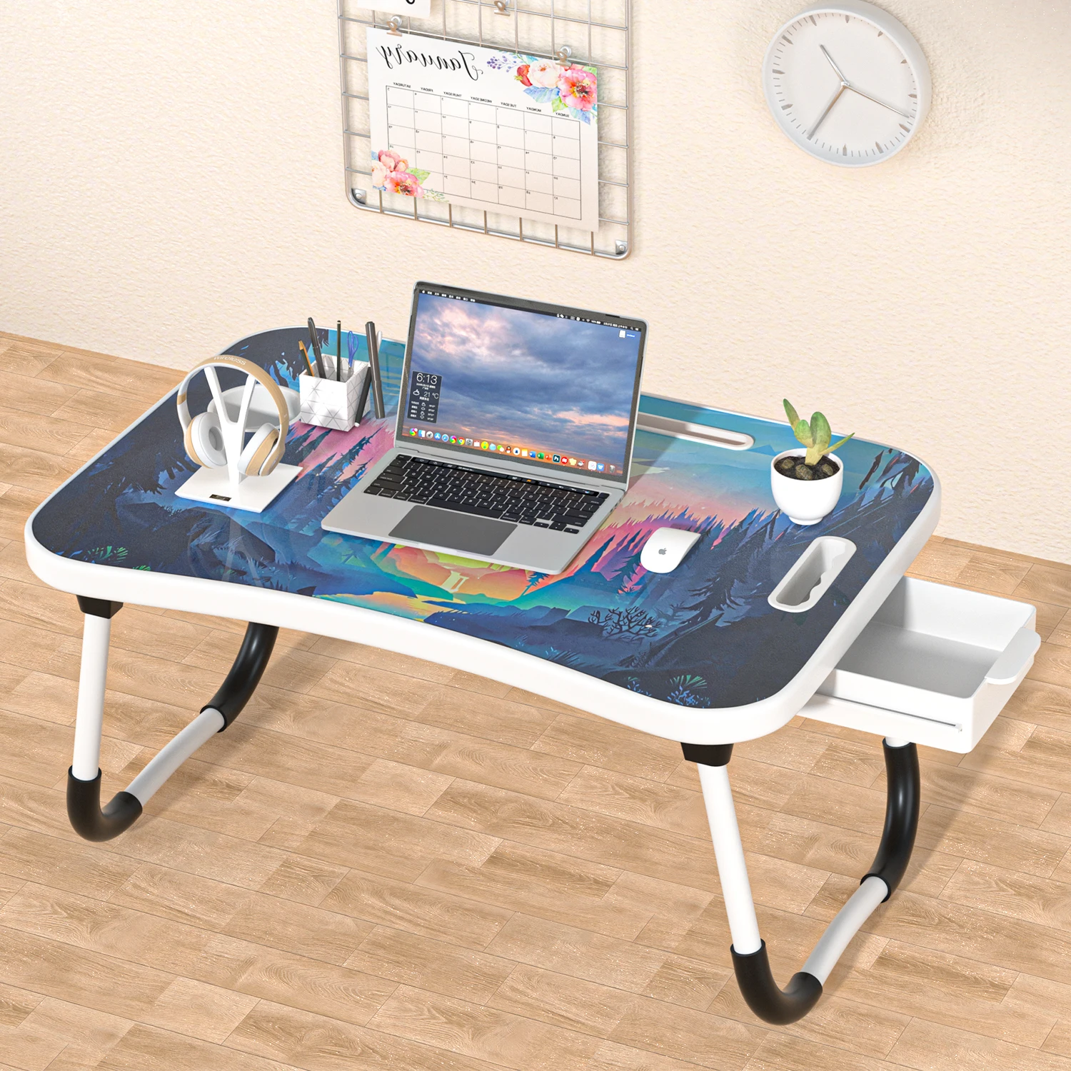 Extra-Large Multifunctional Folding Table, Portable Multi-Color Wooden Laptop Desk with Cup Holder, Ideal for Work and Reading