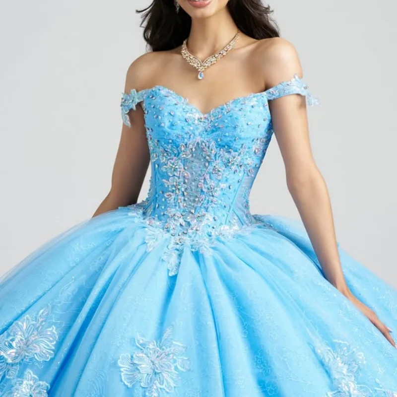 

Shiny Blue Quinceanera Dress off-shoulder sequins crystal flower Decal Long tail Vestidos De 15 Quinceanera ﻿Customize
