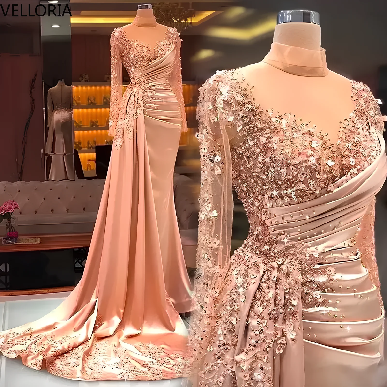 Long Sleeved High Neck Evening Dress Sparkling Sequin Satin Mermaid Gown Formal Party Ball Gown Vestdos De Fiesta Customized