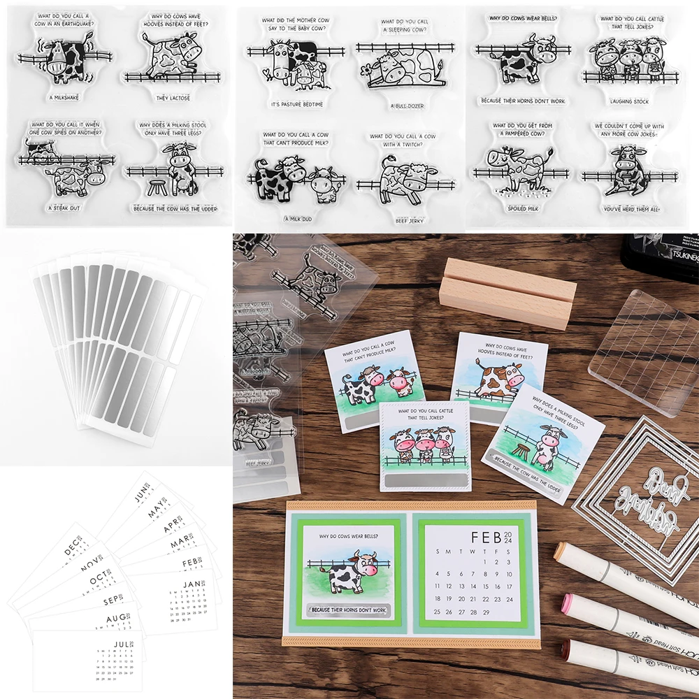 Funny Cow and Baby Punny Clear Stamps Set Scratch Off Stickers Landscape Desk Calendar Wood Display for for DIY 2024 Calendar