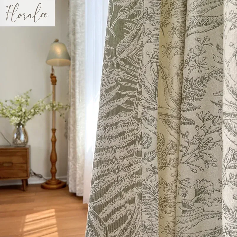 

Chenille Jacquard Matcha Green Modern Curtains Living Room Bedroom Simple American Rustic Double-sided Floating Window Custom