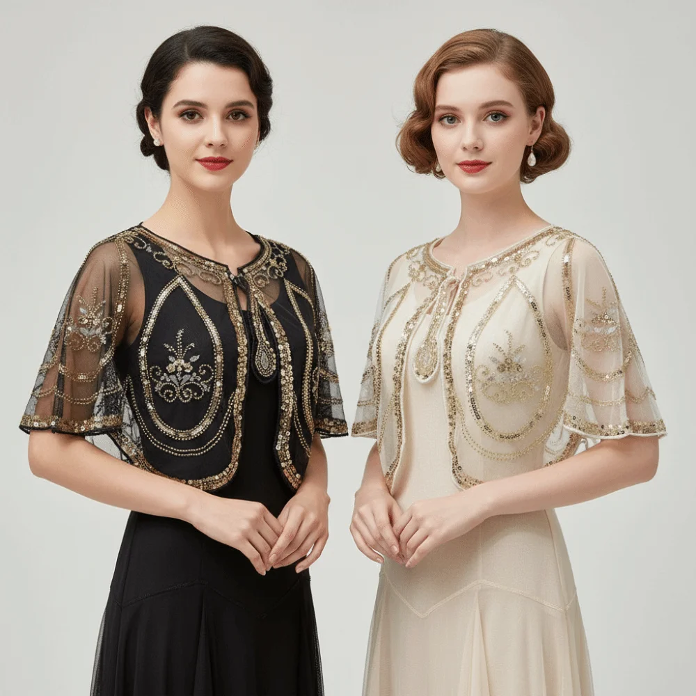 

Retro Sequins Poncho Coat Vintage Style Bling Bling Sequin Beaded Short Cape Hollow Out 1920s Theme Evening Wrap
