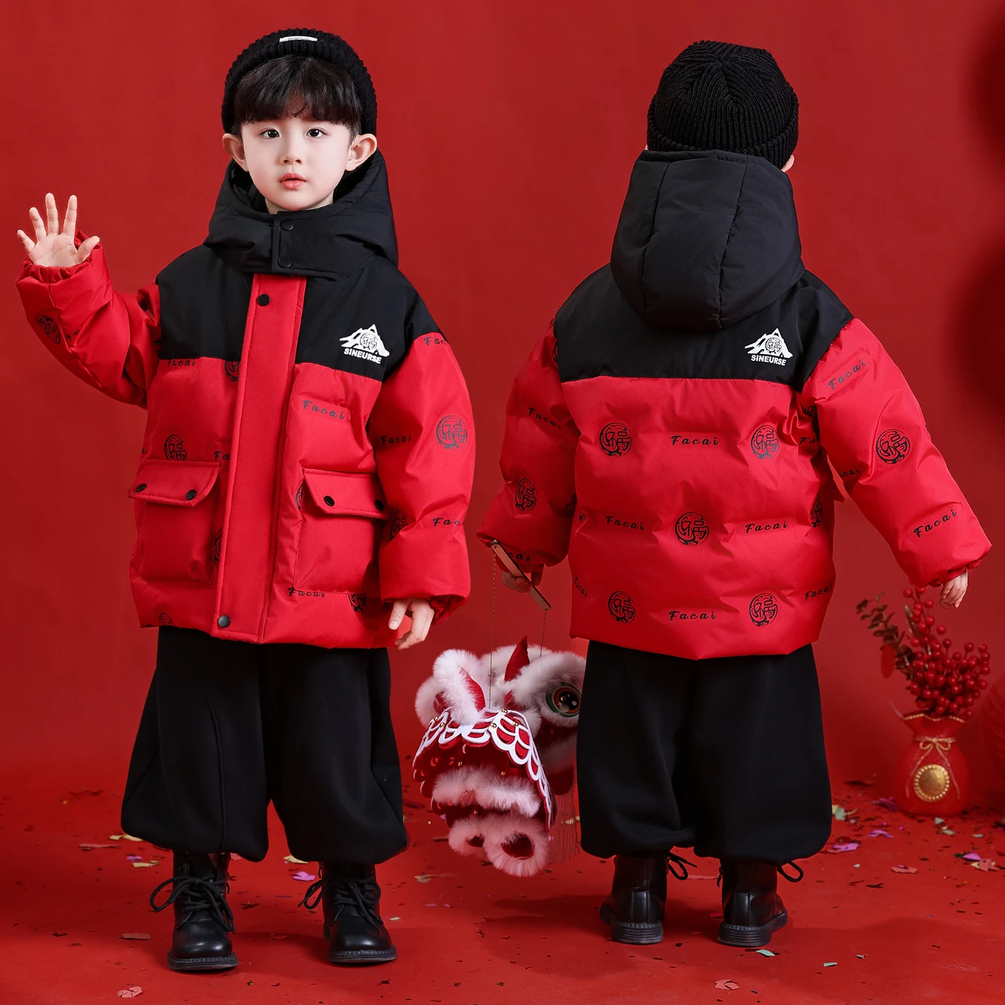 

Red Patchwork down Jacket with Pockets Boys Winter Clothes Warm Fashionable Coat for Kids Baby Outdoor Waterproof Fabric