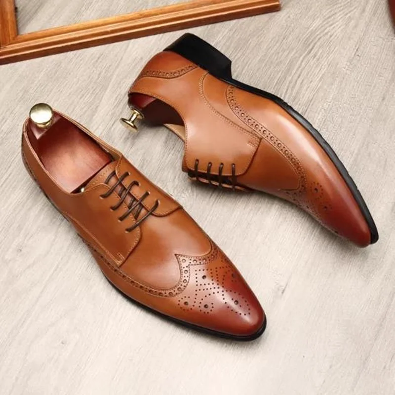 First-layer Cowhide Men's Leather Shoes British Style Brogue Carved Genuine Leather Formal Shoes For Men Pointed Toe Dress Shoes