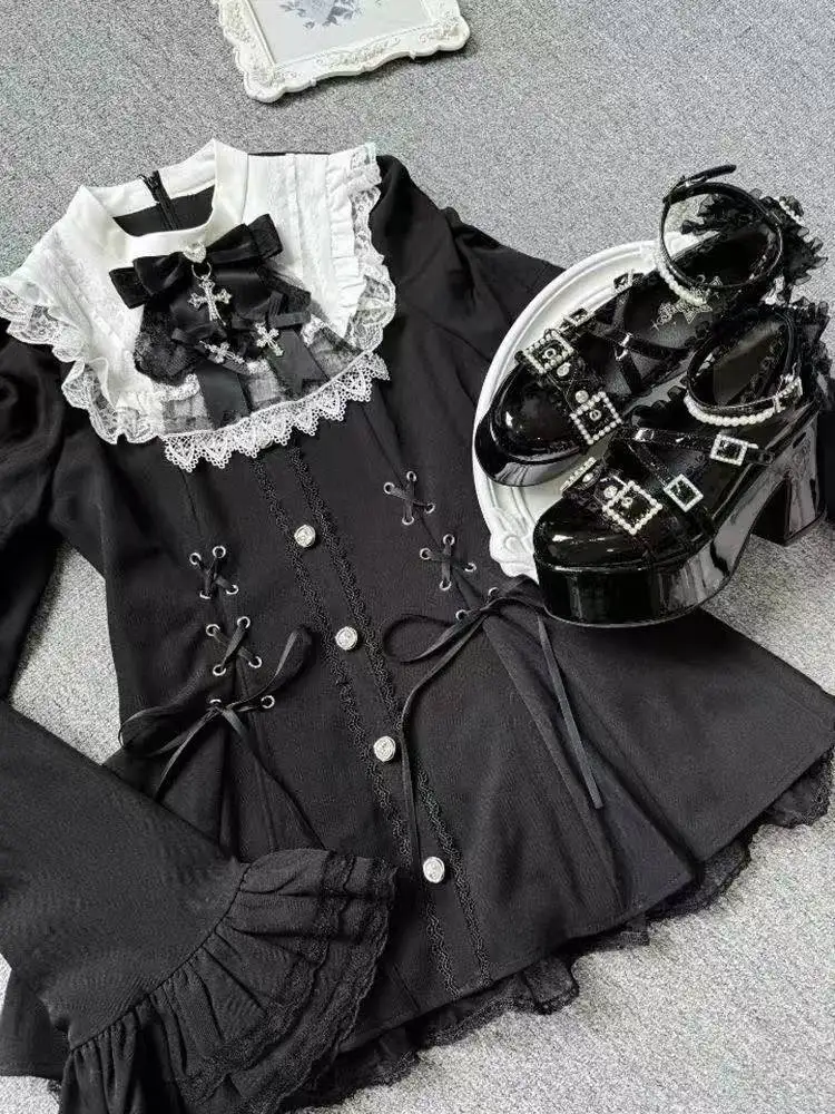 Women Gothic Lace Flare Sleeve Button Shirt Dress Japanese Punk Party Mini Dress Y2k Aesthetic Lolita Style Bow Dress Shorts Set