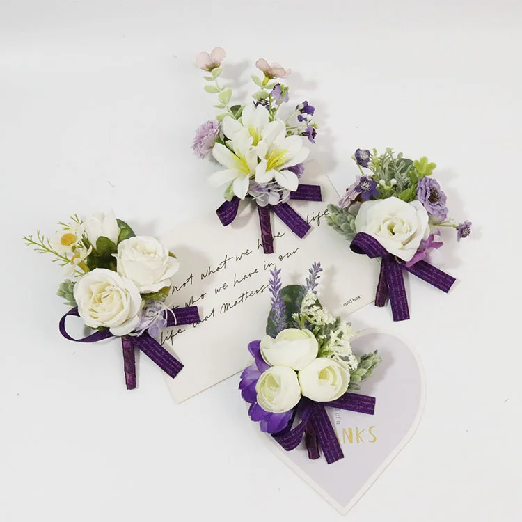 White Purple Men Wrist Corsage Wedding Boutonnieres Bride Wedding Wrist Corsage Bracelet Groom Ceremony Flower Party Decor