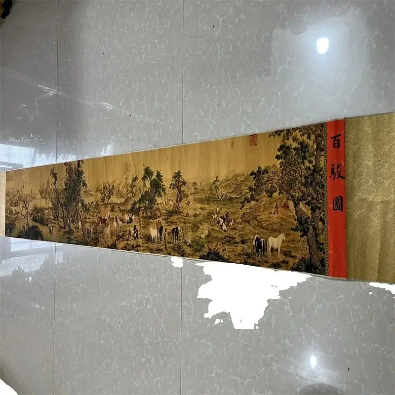 China Old long Scroll Painting ,Lang Shining's Watercolor Painting of Hundred Horses collectibles