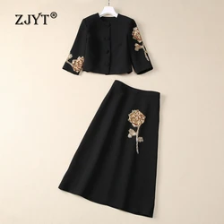 ZJYT Autumn Luxury Beading Sequined Black Outfits Women's Two Piece Jacket Suits with Skirt Sets Elegant Party Vintage Set