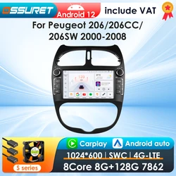 8G 128G Android 12 Car Multimedia Player For PEUGEOT 206 206CC 206SW 2000-2008 Carplay GPS navi Video 2din Autoradio 7862