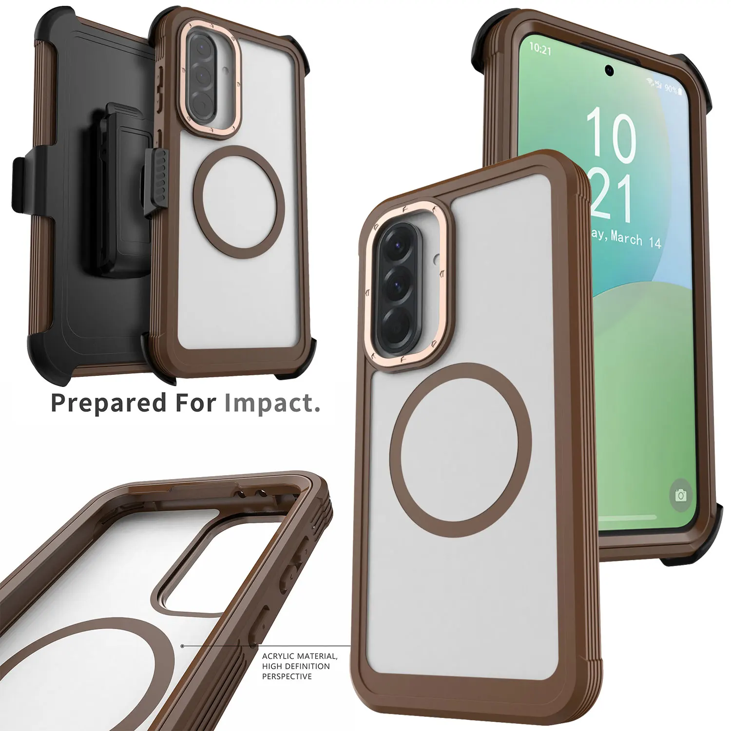 

For Samsung For Galaxy A56 Magnetic Phone Protective Case Shockproof Rugged Cover Clear/Brown +Belt Clip Holster Stand Holder
