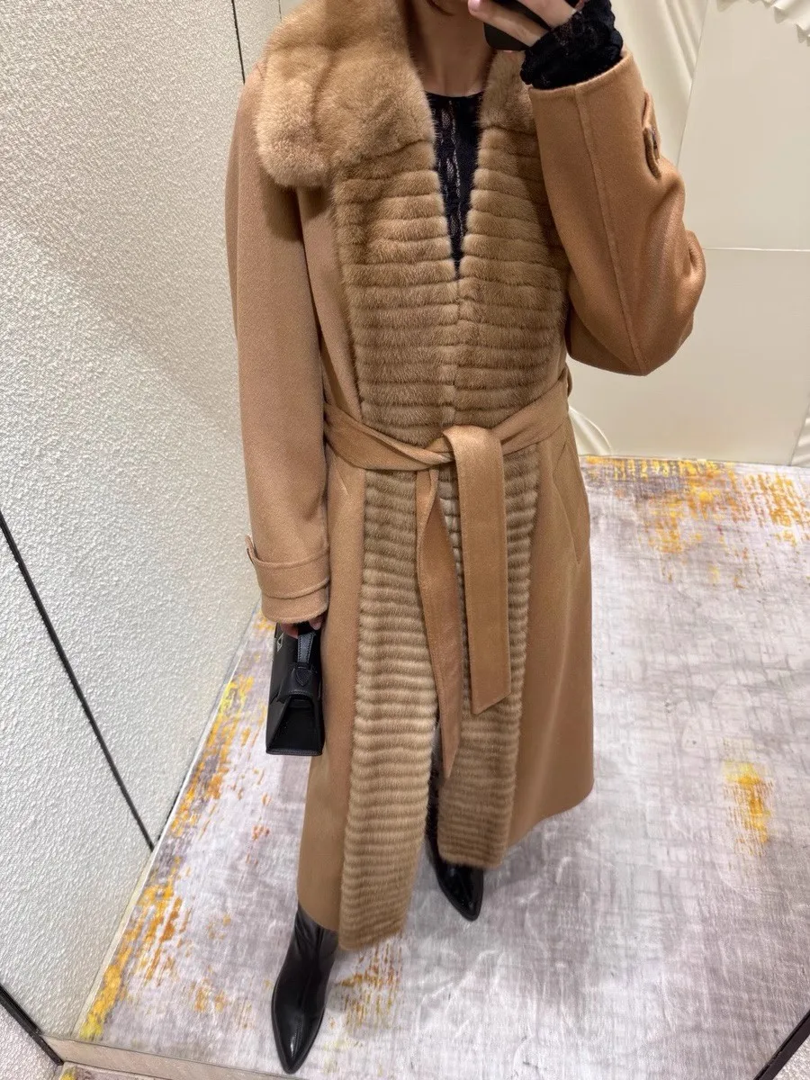 

2025 Winter Thick Warm Camel Wool Overcoat Fashion Lace-up Patchwork Luxury Mink Fur Grey Cashmere Coat