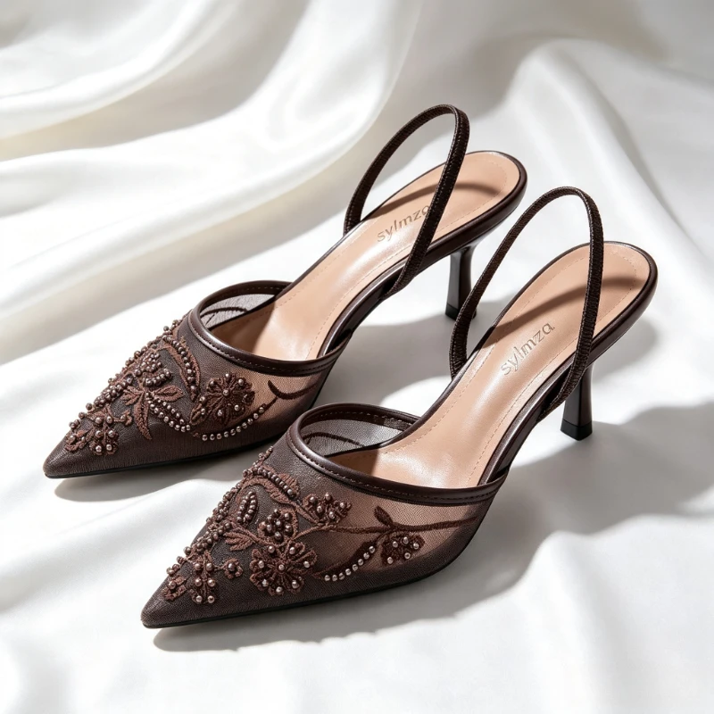 Elegant Mesh Embroidery High Heels for Women Sexy Pointed Toe String Bead Slingback Heeled Sandals Luxury Banquet Designer Shoes