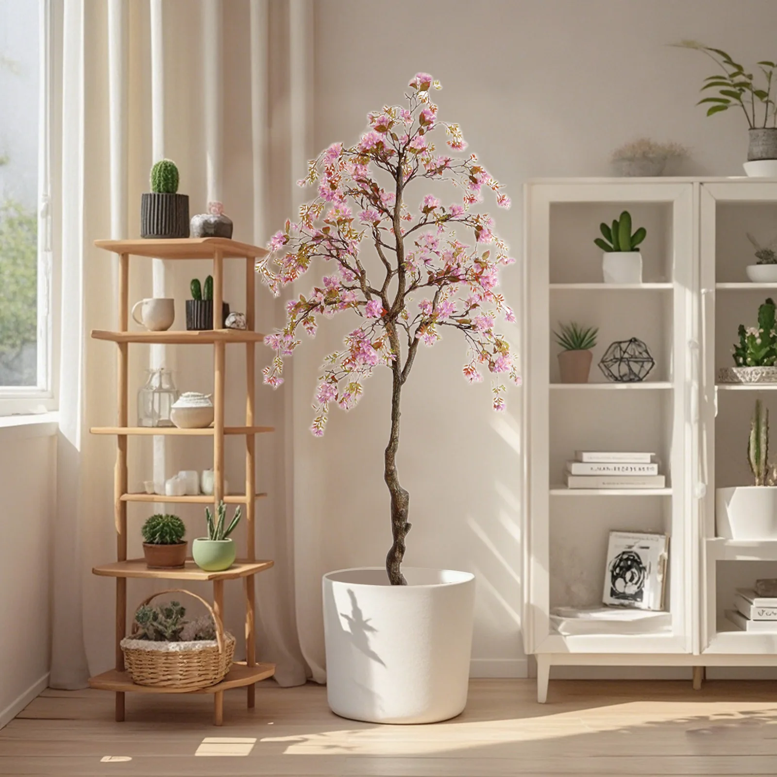 

140cm/160cm Realistic Potted Silk Begonia Flower Tree, Faux Artificial Tree In Potted With Lifelike Branch And Leaves For Home