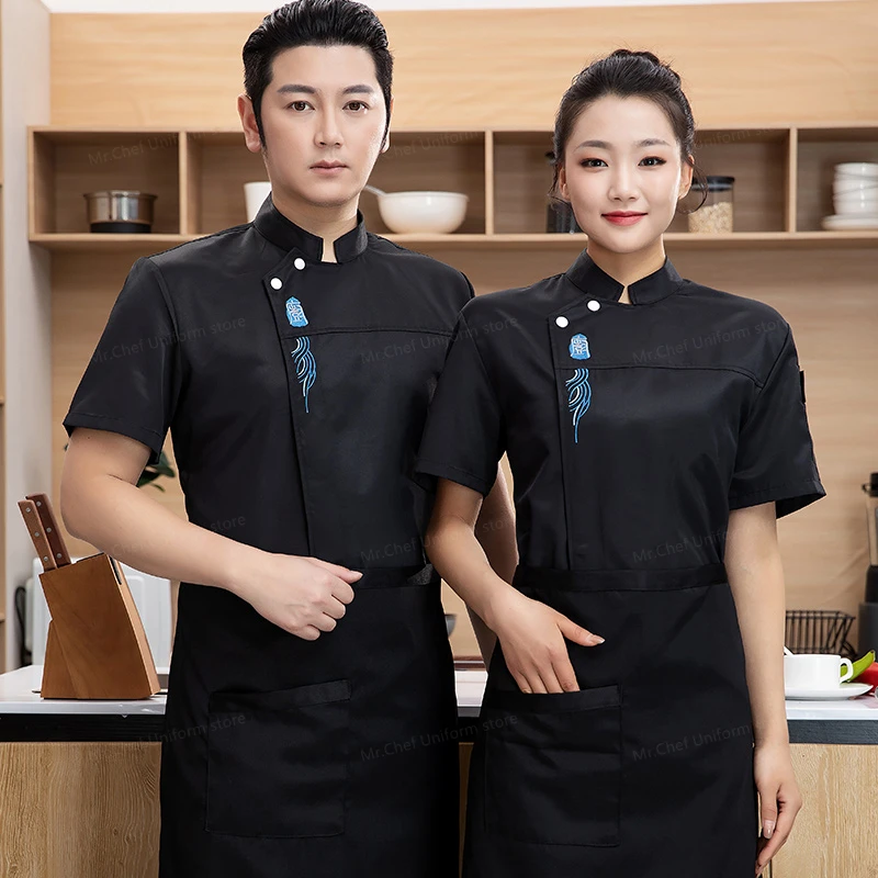 zwarte heren koksjas met korte mouwen keuken chef-kok jas ademend mesh chef-kok uniform met schort restaurant werkkleding op maat