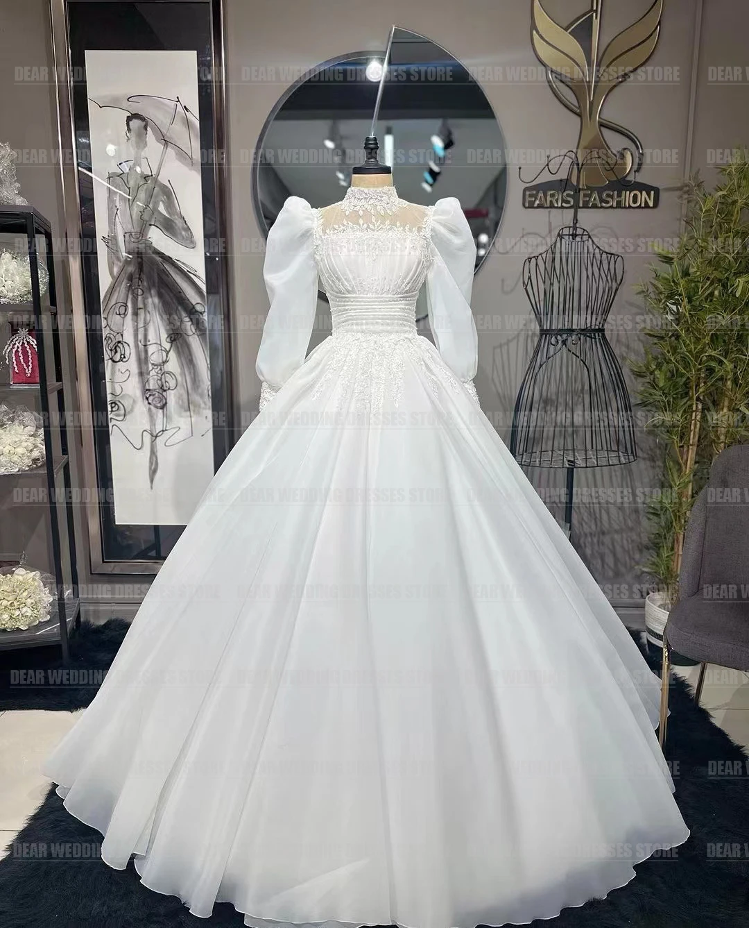 Splendidi abiti da sposa a collo alto Abito da sposa elegante linea A da donna Abiti formali con applicazioni a maniche lunghe Mariée personalizzati