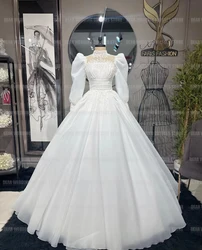 Gorgeous High Collar Wedding Dresses Woman's A Line Elegant Bridal Dress Formal Long Sleeve Appliques Gowns Mariée Customized