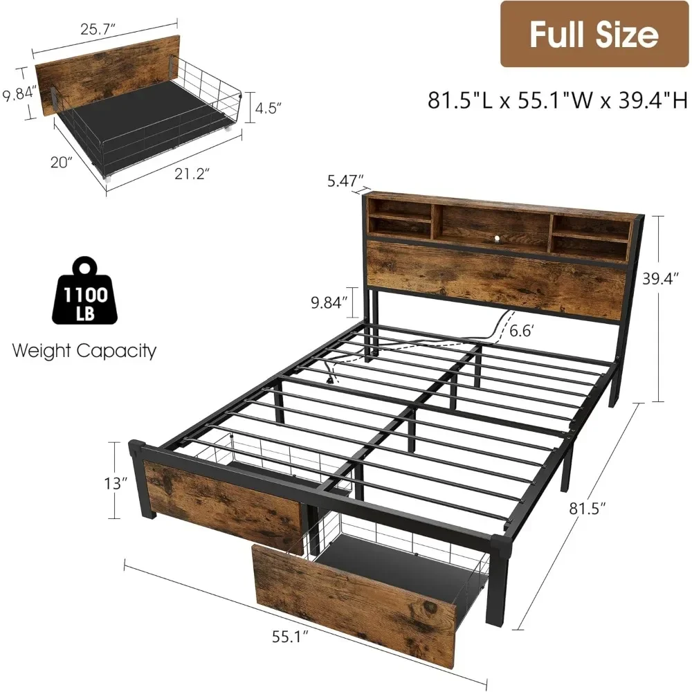 Full Size Bed Frame with Storage Headboard and Drawers, RGB Led Lights, Charging Station, Metal Platform Bed Frame