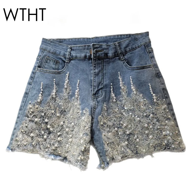 

WTHT Trendy Women's Heavy Industry Diamonds Wide Leg Denim Pants 2025 Summer High Waist A-line Short Pants Female 1LS1920