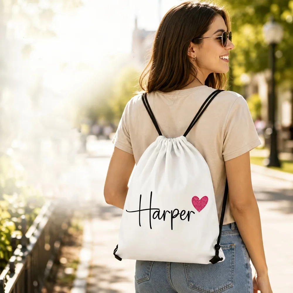 Custom Name Drawstring Backpack Heart Personalized Sackpack Gift Bag for Girls