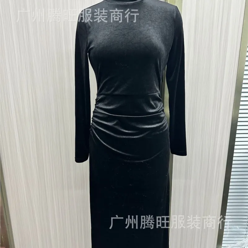 2025 Vrouwen Zwarte Jurk Lange Mouw Jurk Half Hoge Kraag Sexy Hoge Strakke Fluwelen Schede Jurk Avondfeest Elegante Vestido Gewaad