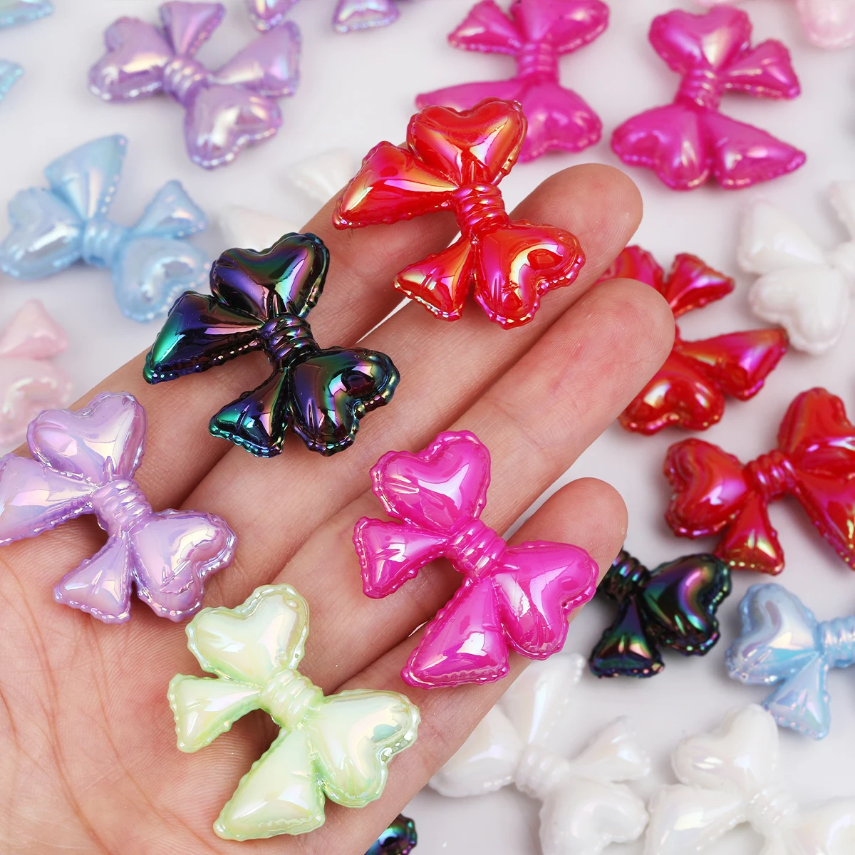 10/20pcs Random Color 33*29mm Iridescent Heart Edge Bow Acrylic Loose Beads DIY Bracelet Hair Craft Supplies
