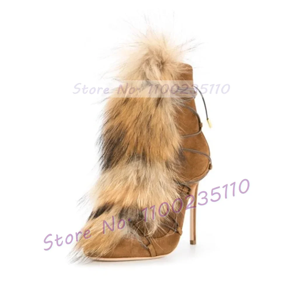 Brown Real Fur Stiletto Ankle Boots Women Trends Outfit Cross Tied Winter Snow Shoes Female Haute Pointed Toe Back Zipper Boots