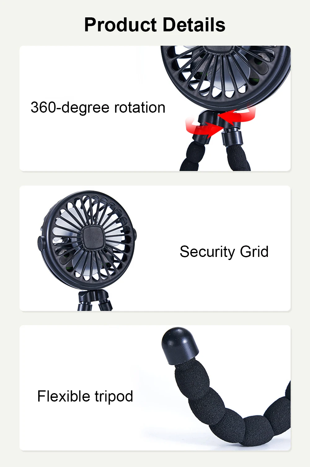 Kinderwagen-Ventilator, faltbar, tragbar, Oktopus-Mini-Ventilator, USB wiederaufladbar, 3 Geschwindigkeiten, kleiner Handventilator, flexibles Stativ für Babys im Freien – Detail 10