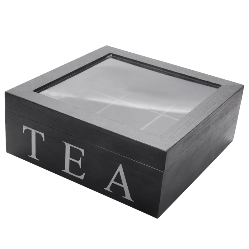 LJL-2X Wooden 9 Grids Tea Box Tea Bags Container Storage Box Square Gift Box Case Transparent Top Lid Black