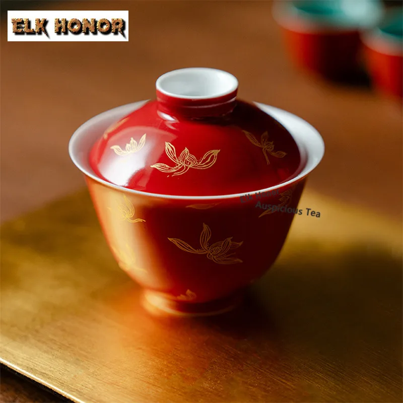 

145 мл Рубиново-красное золото Stam Orchid Gaiwan Древняя чайная варенья Чаша для чая с крышкой Набор для приготовления чая Крышка Чаша Предметы для чая Украшения Подарки