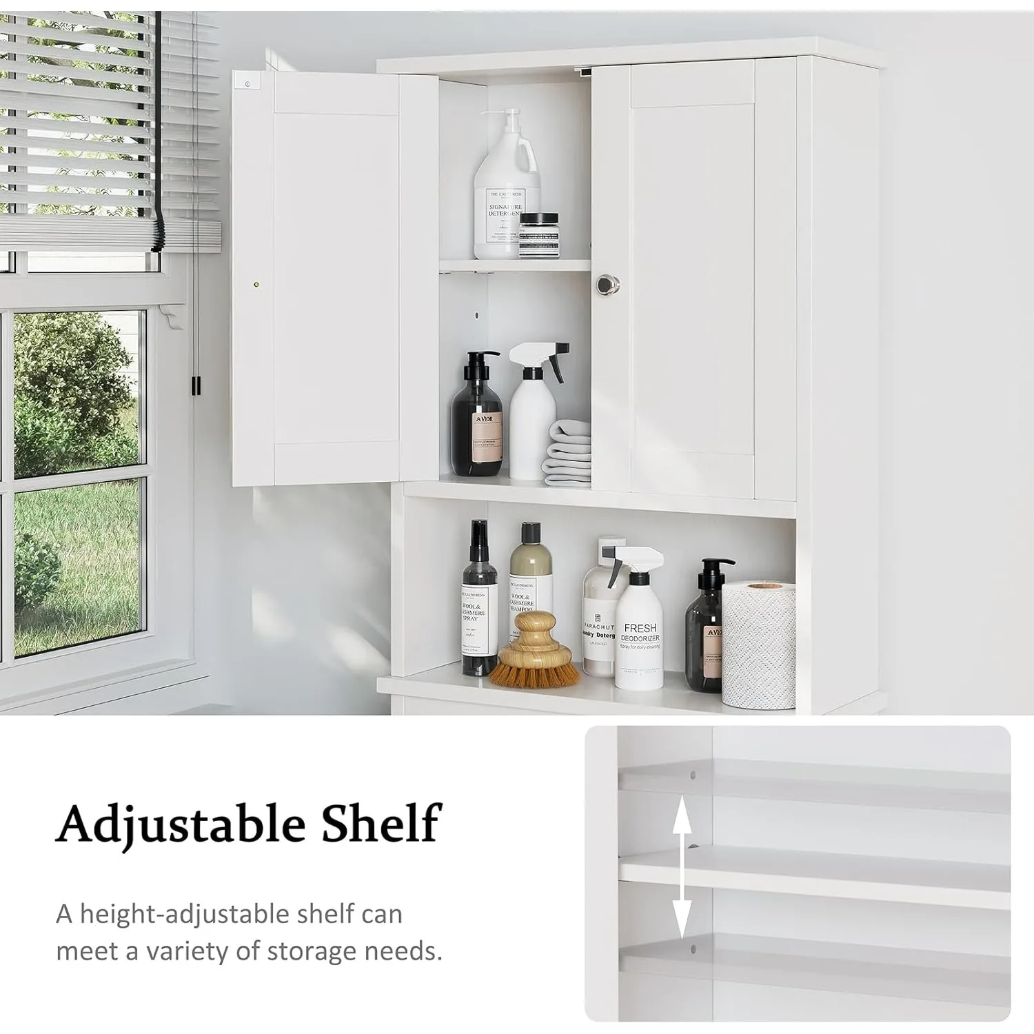 منظم تخزين الحمام فوق الحمام، جهاز توفير المساحة مع أرفف قابلة للتعديل وأرفف تخزين مفتوحة، أبيض