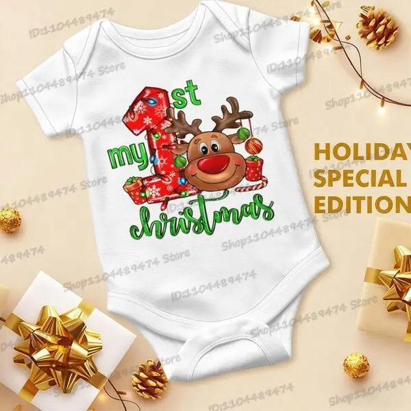 

High Quality Cotton "My 1st Christmas" Print Newborn Bodysuits 0 To 24 Month Infant Jumpsuits Short Sleeve Cartoon Xmas Romper
