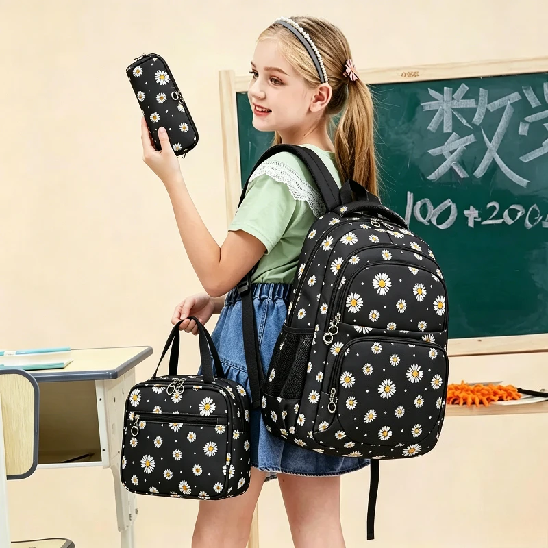 Daisy Pattern School Bag Backpack Pencil Case Handbag Three Piece Set Nylon Fabric Waterproof Boys Girl Teenagers Trend Backpack