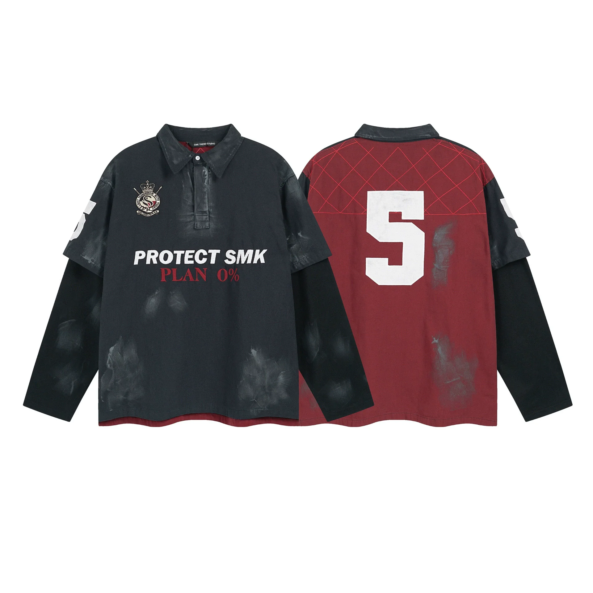 2025 New Vintage Fake Two-Piece Long Sleeve Polo Sweatshirt Letter Embroidery Streetwear Unisex Pullover Oversized Top