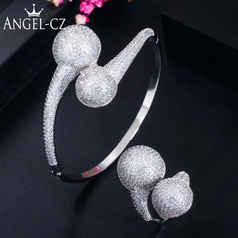 angelcz joias de prata preciosas mulheres micro pave minusculo branco brilhante aaa zirconia cubica conjuntos de anel duplo redondo aberto aj235 01