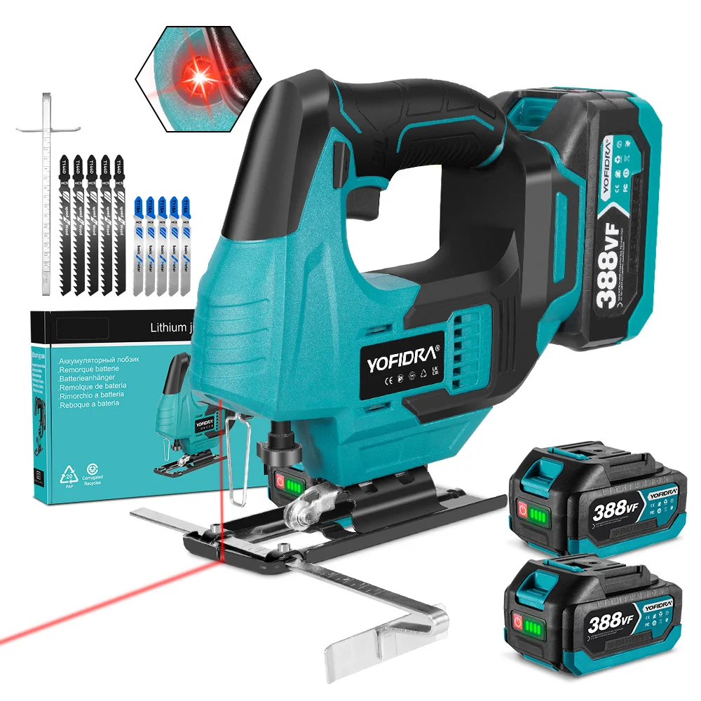 YOFIDRA 3800 U/min Bürstenlose Elektrische Stichsäge mit 12 Sägeblättern, Infrarot-Laser, Kabellose Kurvensäge, Holzbearbeitungswerkzeug für Makita 18V Akku