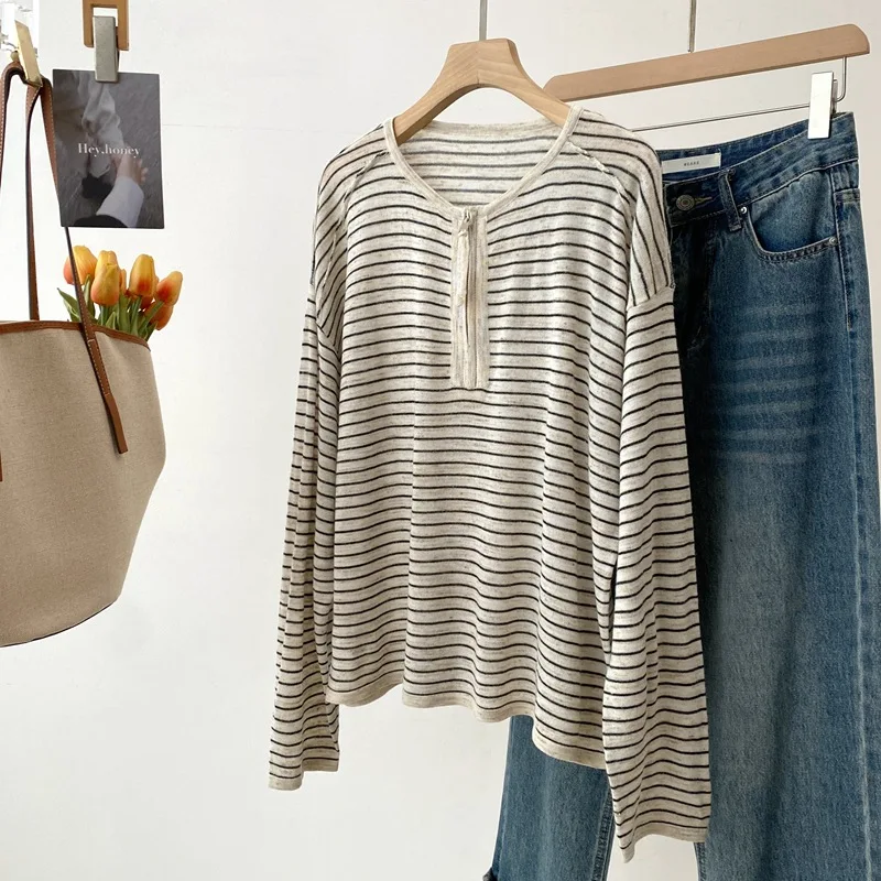 

Dave&di 26 Summer New Product Colorful Hemp Simple Round Neck Zipper Knitted Shirt Striped Thin Breathable Sunscreen Cover