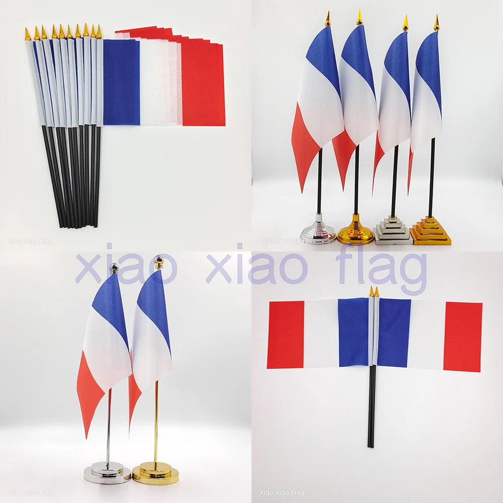 8#14*21cm France Gold Or Silver Table Desk Flag France Hand Flag With Black Plastic Flagpole