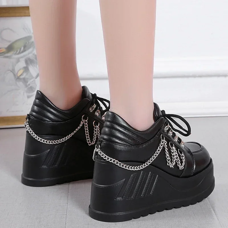 2024 New Metal Chain Punk Gothic Shoes Woman Thick Bottom High Wedge Sneakers for Women 2023 New Black Chunky Platform Shoes