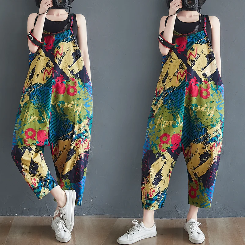 

Camouflage Denim Jumpsutis Vintage Casual Overalls Wide Leg Sleeveless Dyed Printed Female Sweatpants Korean Women's Clothes