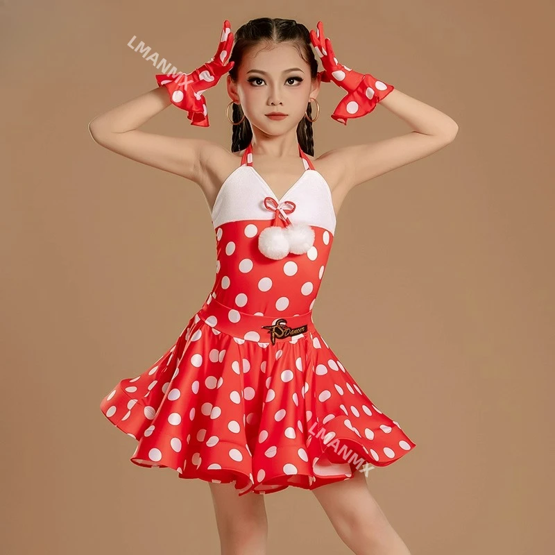 مهارات تدريب الرقص اللاتيني للأطفال، ملابس مهرجان المنافسة، مجموعة كبيرة منقطة مموجة باللونين الأحمر والأبيض #2