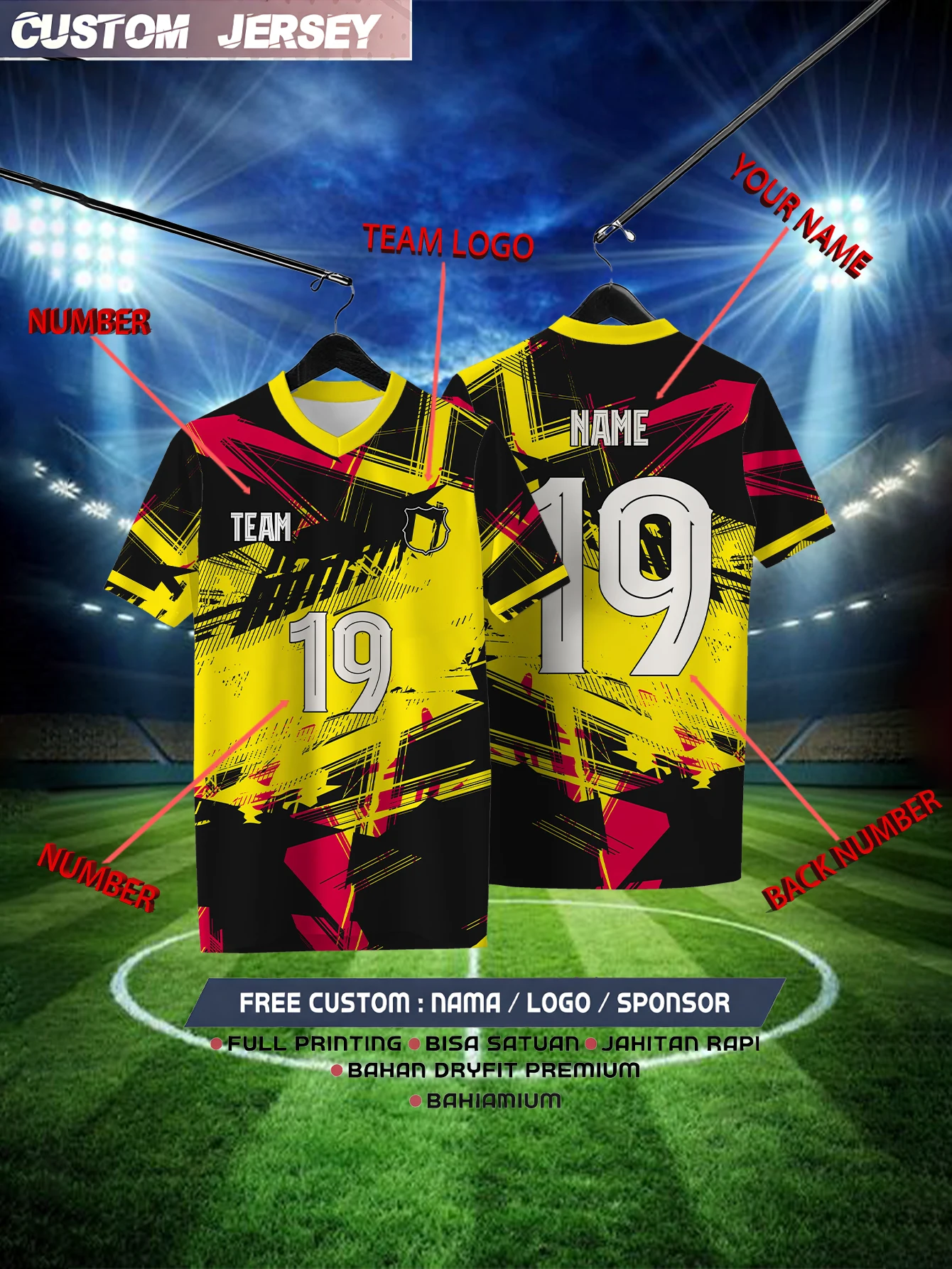 

Customized Geometric Black Short Sleeved Shirt with Team Name, Emblem, Name and Number, Outdoor Sports Short Sleeved T-shirt