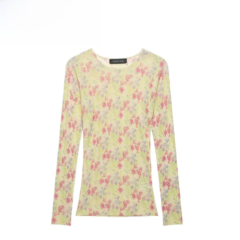 Fashionable Floral Print Knitted Top Women's Standard Fit Long Sleeve round Neck Polyester T-Shirt Versatile Style Spring 2026