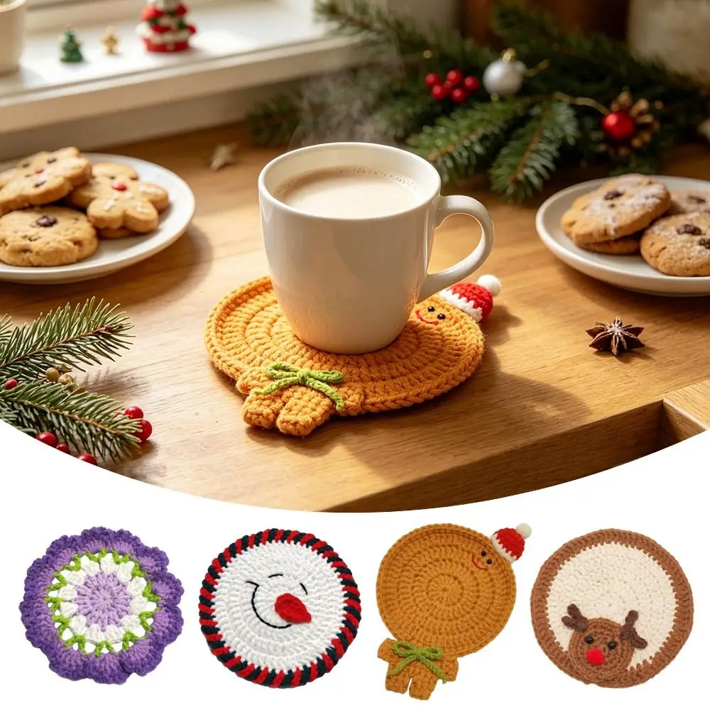 Durable Hand-Knitted Christmas Crochet Coaster Hand Crochet Heat Resistant Mug Pad Gingerbread Man Decor Coaster Home Supplies