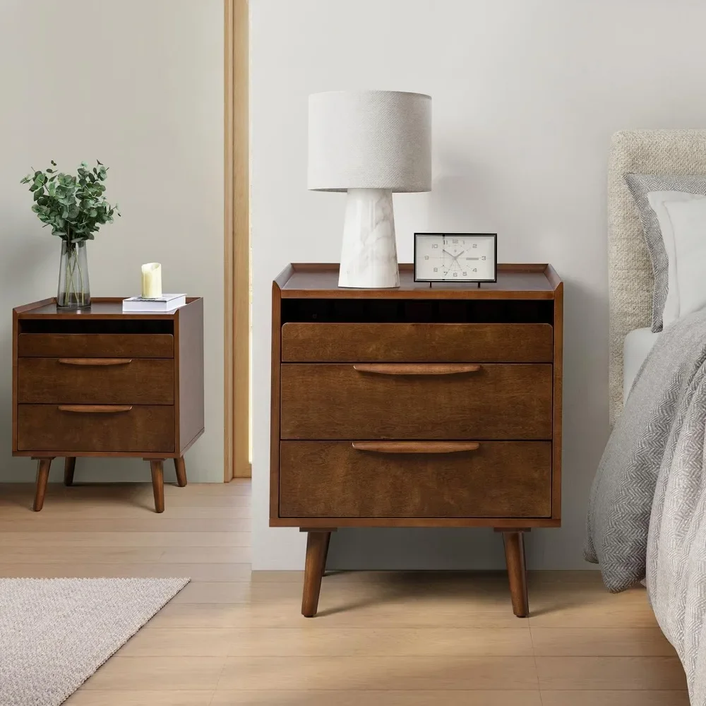 2 Drawer Nightstand with Charging Station,Mid-Century Modern Bedside Tables with Wood Legs,Wood Night Stand with Pull-Out Shelf