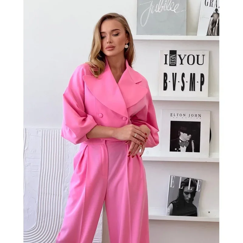 Women 2pcs Clothes Set Solid Color Polo Collar Long Sleeve Blazer Jacket Coat & High Waist Wide Leg Loose Pants