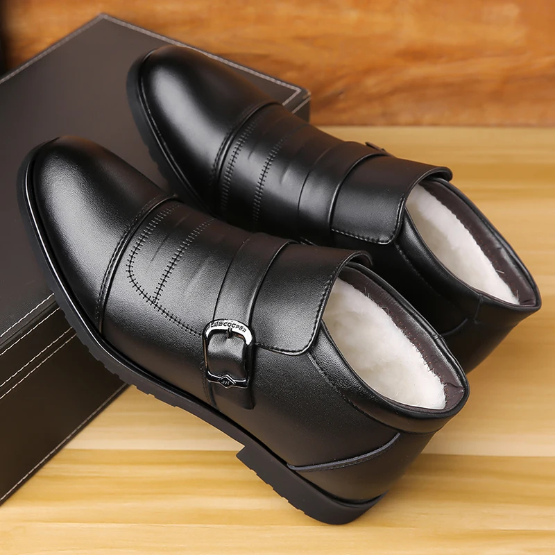 Black Winter Men Cotton Shoes with Belt Buckle Decoration Warm Casual Business Middle-aged  Elderly Fashionable Short Boots