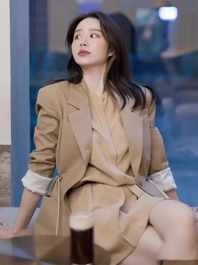 Black Casual Women's Suit Jacket Drawstring Waist Slimming Versatile Spring Autumn Fashionable Outerwear Long Sleeve Formal Wear