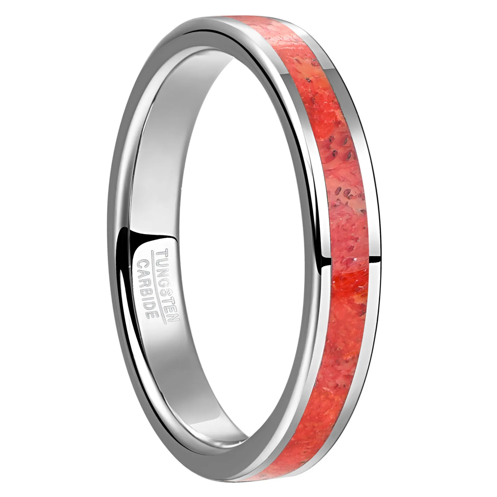 Nuncad 4mm 8mm Tungsten Carbide Steel Ring Falt Steel Brushed Inlaid  Red Grass Coral Ring For Men Fashion Jewelry