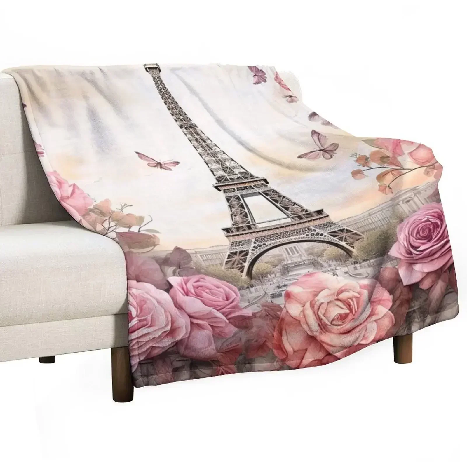 Vintage Eiffel Tower Paris with pink roses Throw Blanket Furry Thin Softest Sofa Winter beds Blankets
