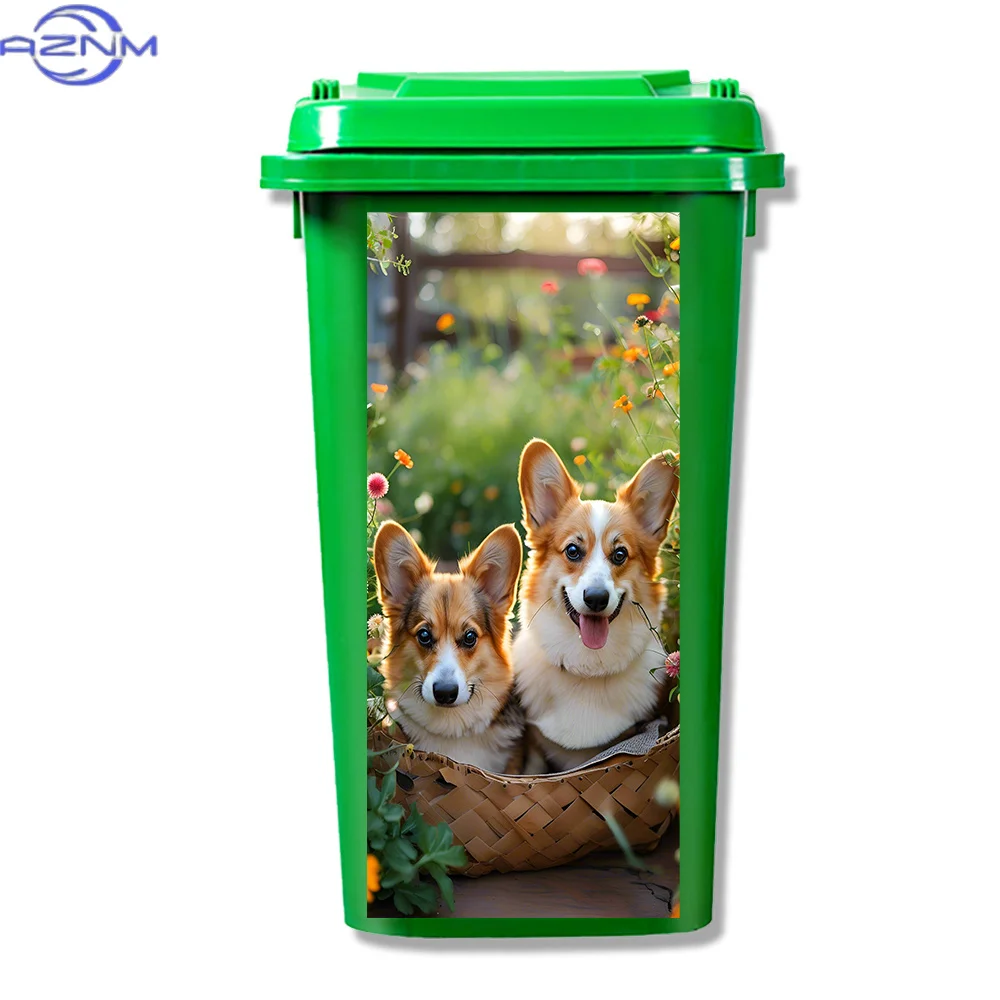Large Corgi Dog Lovers PVC Sticker - Removable Waterproof Trash Can & Wall Decal, Cute Corgi Puppies in Flower Field Design (G